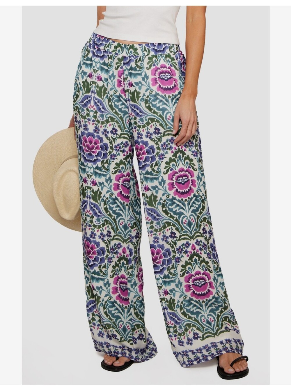 Matty M Wide Leg Floral Pants in White, Pink & Green